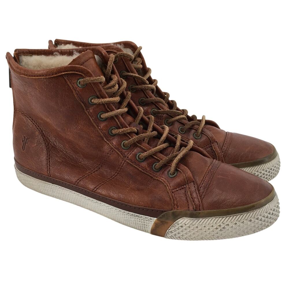 FRYE Greene Shearling Lined Leather High Top Back Zip Sneaker Boots Brown 8.5